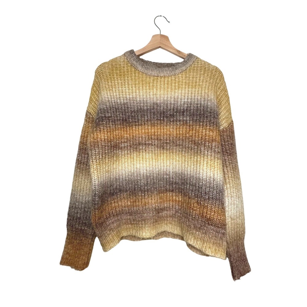 Rachel Zoe Women XS Striped Fuzzy Space Dye Crewneck Sweater Brown Yellow Cream